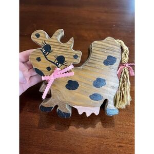 Vintage Wood Hand Painted Cow Shelf Sitter Figurine Country Farmhouse Decor